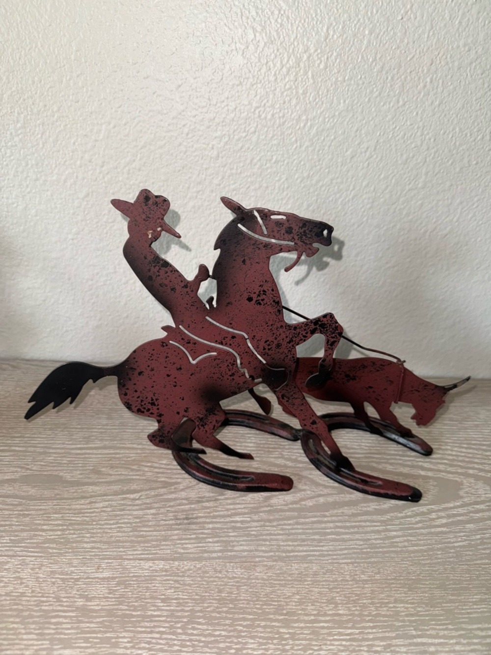 Western Art Metal Cowboy Roping A Steer-Bull Silhouette Horse -Pony, has Stand.